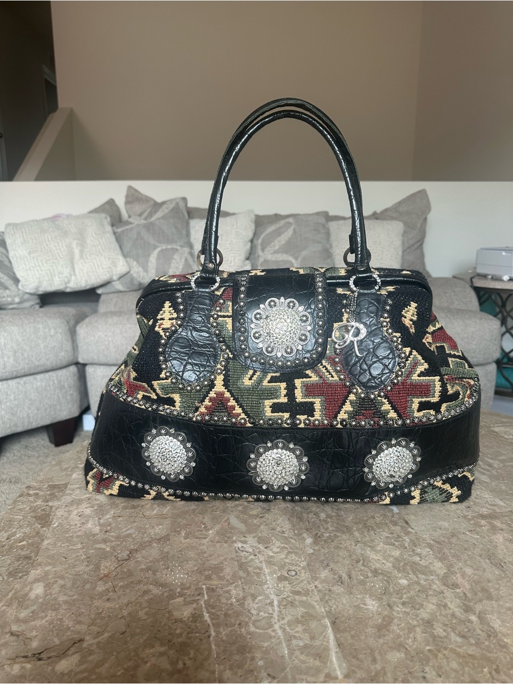 Raviani Black Multicolor Studded Aztec Tote Bag